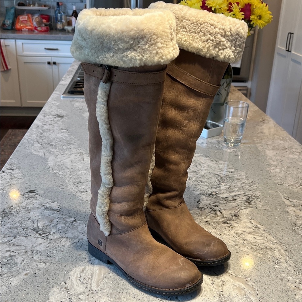 Brn Devandra Shearling Lined Over The Knee Boots Tan Leather Size 6